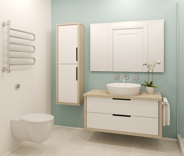 Tiny bathroom with mounted vanity.