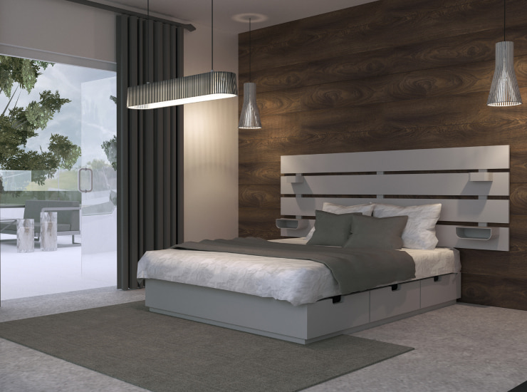 Large bed with a storage section in a bed frame.